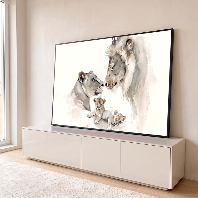 Quadro Decorativo Grande Família Leões Aquarela para Sala | quadros decorativos para sala | leoa, leão e dois filhotes em aquarela de tons bege e cinza | em Quadros para Sala | Porao dos Quadros