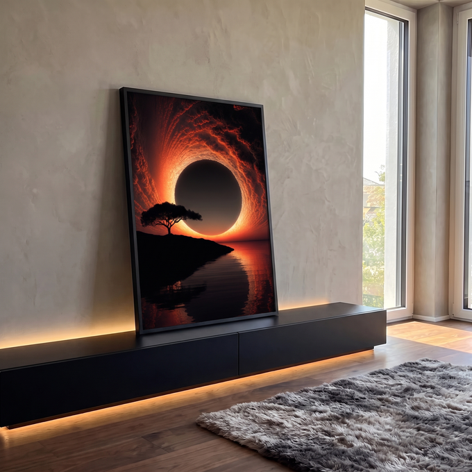 Eclipse solar cercado de nuvens laranja, árvore em silhueta e mar refletindo o céu, quadro decorativo
