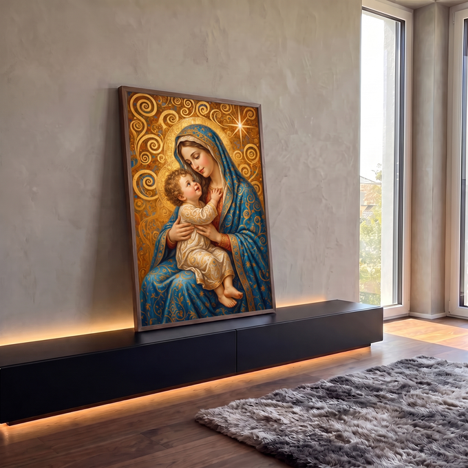 Quadro Decorativo Grande Nossa Senhora Auréola para Sala | quadros decorativos para sala | Nossa Senhora com véu azul abraçando o Menino Jesus sobre fundo dourado ornamental | em Quadros para Sala | Porao dos Quadros