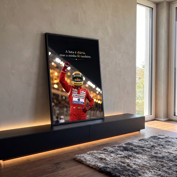 Ayrton Senna de macacão vermelho e capacete amarelo com punho erguido e frase de fé, quadro decorativo