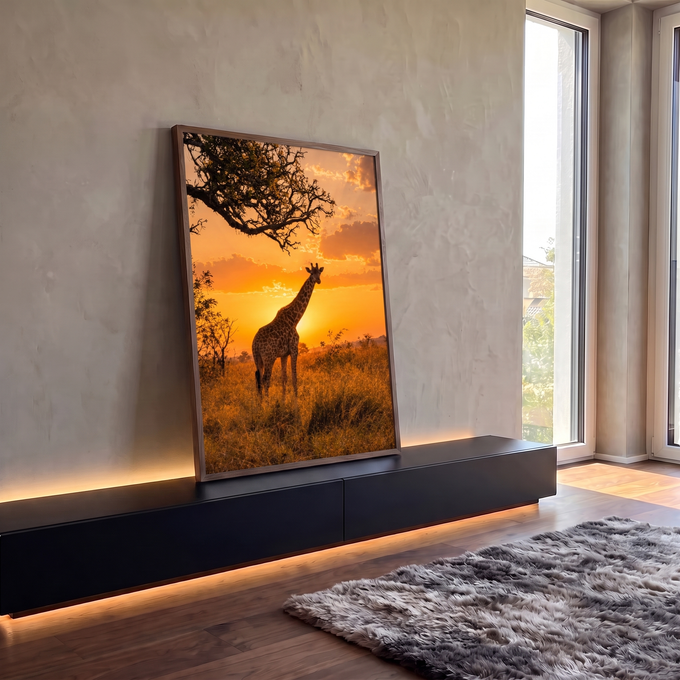 Girafa em silhueta ao pôr do sol na savana africana, céu laranja e árvore, quadro decorativo