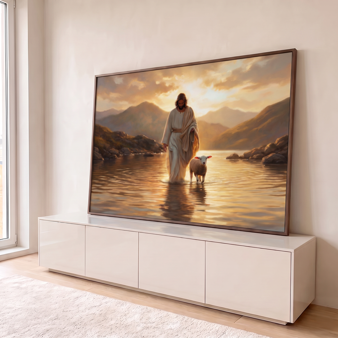 Quadro Decorativo Grande Jesus Entardecer para Sala Branco | quadros decorativos para sala | Jesus caminhando com uma ovelha em um lago ao pôr do sol | em Quadros para Sala | Porao dos Quadros