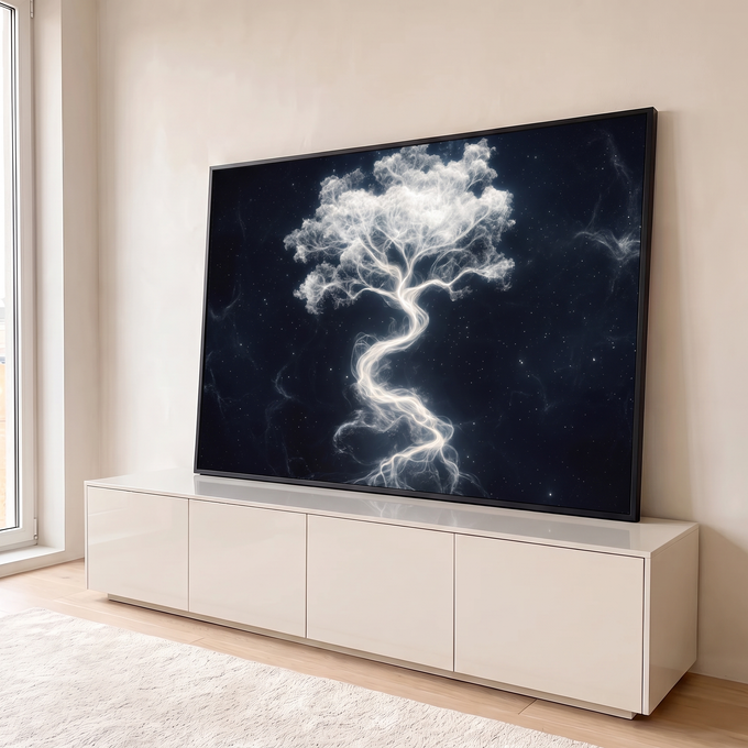 Quadro Decorativo Grande Árvore de Luz para Sala Preto | quadros decorativos para sala | árvore formada por partículas de luz branca com raízes sinuosas sobre céu estrelado escuro | em Quadros para Sala | Porao dos Quadros