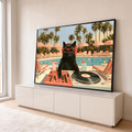 Quadro Decorativo Grande Gato DJ de Óculos para Sala Preto | quadros decorativos para sala | gato preto de óculos e headphone como DJ à beira da piscina com palmeiras | em Quadros para Sala | Porao dos Quadros
