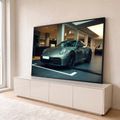 Porsche 911 cinza grafite com rodas pretas em showroom de concreto iluminado, quadro decorativo