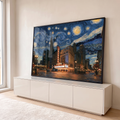 Chicago Theatre iluminado sob céu em espirais azuis no estilo Noite Estrelada de Van Gogh, quadro decorativo