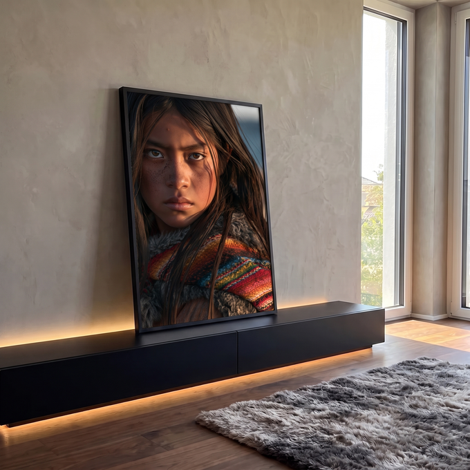 Quadro Decorativo Retrato de Jovem com Manto Tecido Colorido | quadros decorativos para sala | retrato de jovem com sardas e manto de lã colorido sob luz dourada | em Quadros para Sala | Porao dos Quadros