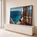 Quadro Decorativo Grande Gato Preto Varanda para Sala Azul | quadros decorativos para sala | gato preto deitado em varanda de pedra com vista para o mar e veleiro ao longe | em Quadros para Sala | Porao dos Quadros