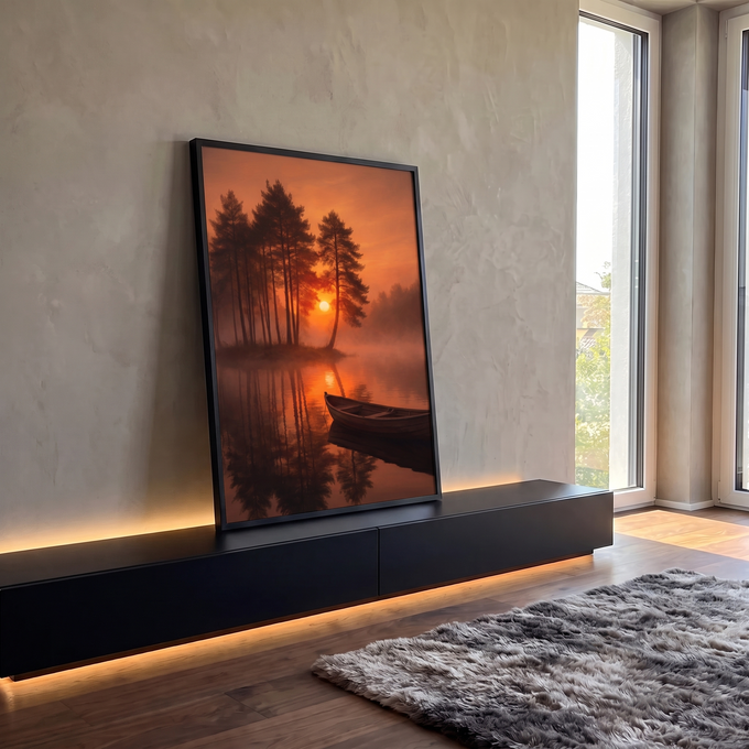 Quadro Decorativo Grande Nascer do Sol para Sala Laranja | quadros decorativos para sala | lago enevoado ao amanhecer com pinheiros em silhueta e barco de madeira ancorado | Porao dos Quadros