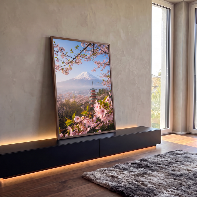 Quadro Decorativo Grande Paisagem Monte Fuji para Sala Rosa | quadros decorativos para sala | Monte Fuji nevado com pagoda vermelha entre flores de cerejeira rosa em primeiro plano | em Quadros para Sala | Porao dos Quadros