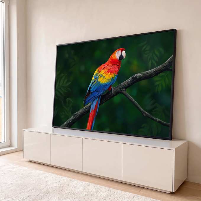 Arara vermelha com asas azuis e amarelas pousada em galho, fundo de floresta verde, quadro decorativo