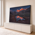 Quadro Decorativo Grande Montanhas Alaranjadas para Sala | quadros decorativos para sala | cordilheira alaranjada pelo pôr do sol refletida em lago cristalino ao entardecer | em Quadros para Sala | Porao dos Quadros