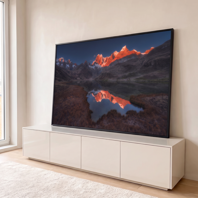 Quadro Decorativo Grande Montanhas Alaranjadas para Sala | quadros decorativos para sala | cordilheira alaranjada pelo pôr do sol refletida em lago cristalino ao entardecer | em Quadros para Sala | Porao dos Quadros