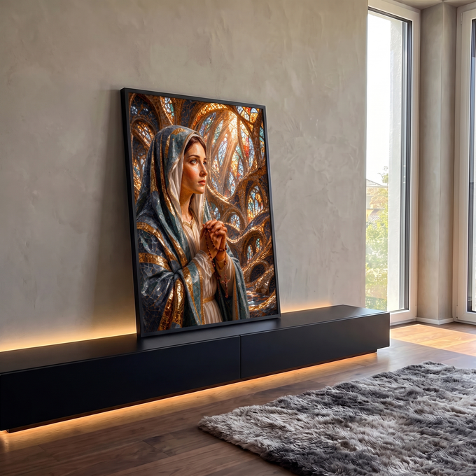 Quadro Decorativo Grande Nossa Senhora em Mosaico para Sala | quadros decorativos para sala | mulher de véu azul rezando com terço em mosaico dourado e vitrais ao fundo | em Quadros para Sala | Porao dos Quadros