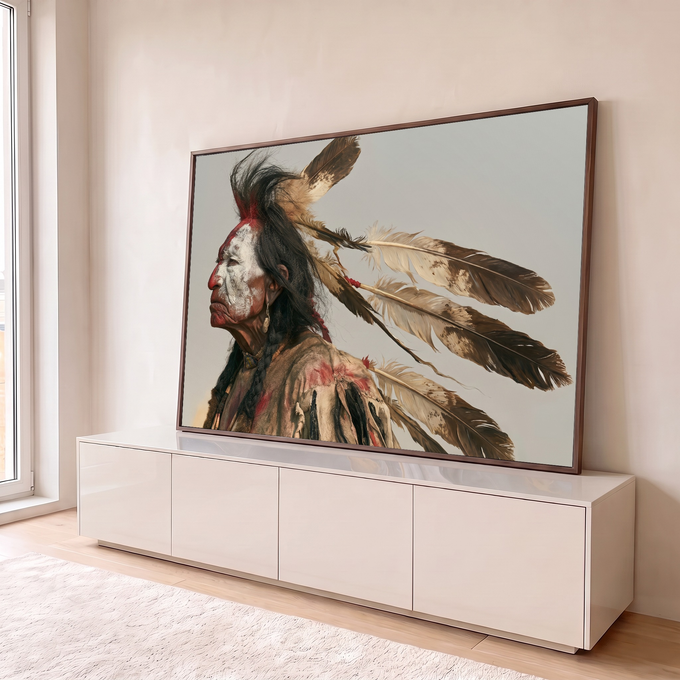 Guerreiro indígena de perfil com pintura facial branca e vermelha e cocar de penas marrons, quadro decorativo