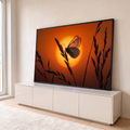 Quadro Decorativo Grande Borboleta na Grama para Sala | quadros decorativos para sala | borboleta em silhueta pousada em espiga de grama contra sol alaranjado | em Quadros para Sala | Porao dos Quadros