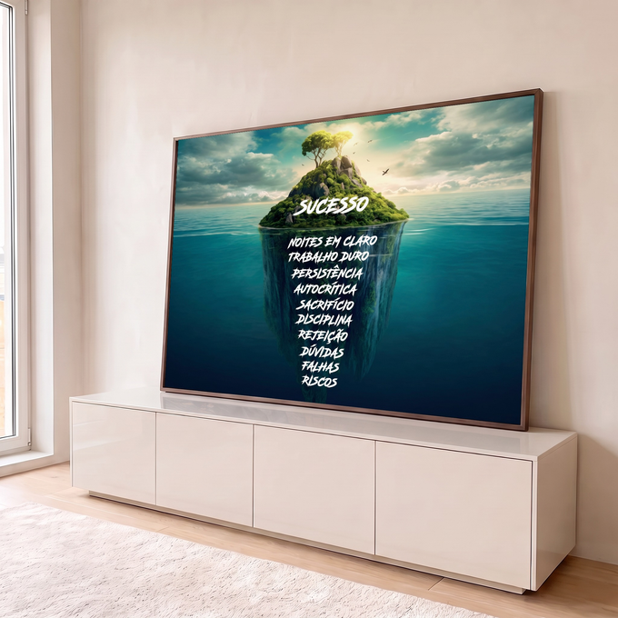 Ilha verde com árvores sobre o mar e frases motivacionais do sucesso submersas, quadro decorativo