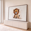 Filhote de leão fofo sentado em pinceladas suaves marrons sobre fundo bege claro, quadro decorativo