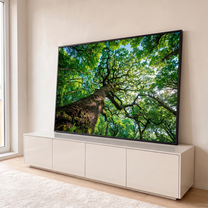 Tronco de árvore com musgo visto de baixo, copa verde e céu azul entre os galhos, quadro decorativo
