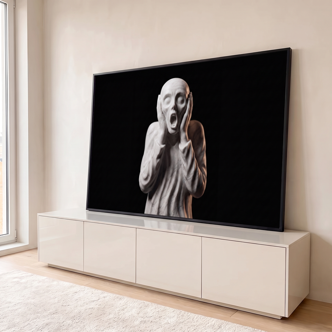 Quadro Decorativo Grande Escultura de Mármore para Sala | quadros decorativos para sala | escultura de mármore branco com mãos no rosto gritando sobre fundo preto | em Quadros para Sala | Porao dos Quadros
