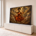 Iansã de vestido vermelho entre raios, nuvens de tempestade e borboletas vermelhas, quadro decorativo