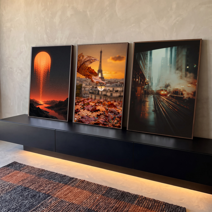 Quadro Decorativo Kit 3 Telas Pôr do Sol Laranja para Sala | quadros decorativos para sala | tríptico com pôr do sol, gota refletindo a Torre Eiffel e trem urbano a vapor | em Quadros para Sala | Porao dos Quadros