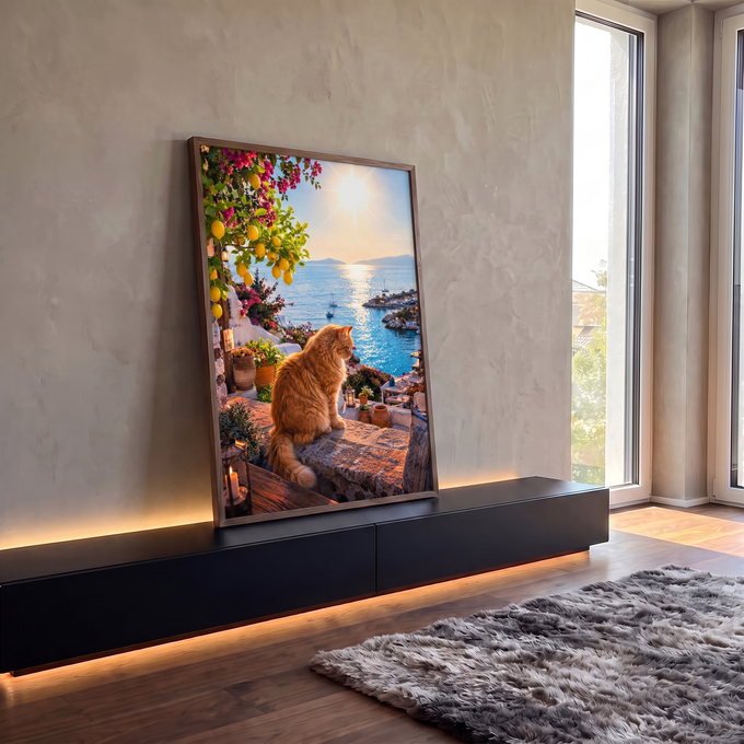 Gato ruivo em muro de pedra diante do mar azul, limoeiro e buganvílias ao pôr do sol, quadro decorativo