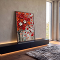Quadro Decorativo Árvore Vermelha com Pássaros em Textura | quadros decorativos para sala | árvore florida vermelha e laranja em textura com dois pássaros pousados nos galhos | em Quadros para Sala | Porao dos Quadros