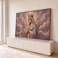 Quadro Decorativo Grande Nossa Senhora Véu para Sala Rosa | quadros decorativos para sala | Nossa Senhora com coroa dourada e mãos em prece sobre fundo rosa abstrato | em Quadros para Sala | Porao dos Quadros