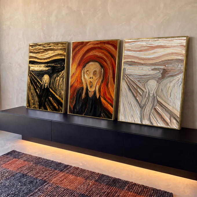Quadro Decorativo Kit 3 Telas Grito de Munch para Sala | quadros decorativos para sala | figura gritando em três versões de cor inspirada em O Grito de Munch | em Quadros para Sala | Porao dos Quadros