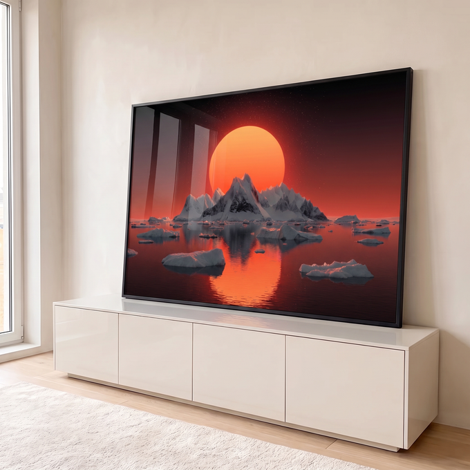 Quadro Decorativo Grande Sol Gigante Laranja para Sala | quadros decorativos para sala | sol laranja gigante sobre montanhas nevadas com icebergs refletidos no mar | em Quadros para Sala | Porao dos Quadros