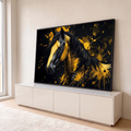 Quadro Decorativo Grande Cavalo com Respingos para Sala | quadros decorativos para sala | cavalo preto com manchas douradas e respingos de tinta amarela sobre fundo escuro | em Quadros para Sala | Porao dos Quadros