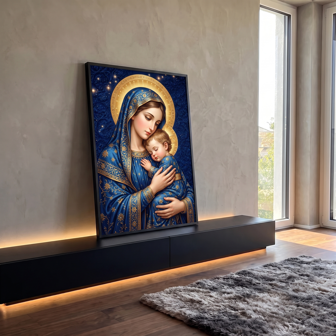 Quadro Decorativo Grande Nossa Senhora Estrelas para Sala | quadros decorativos para sala | Nossa Senhora com Menino Jesus adormecido, tons de azul e dourado, fundo estrelado | em Quadros para Sala | Porao dos Quadros
