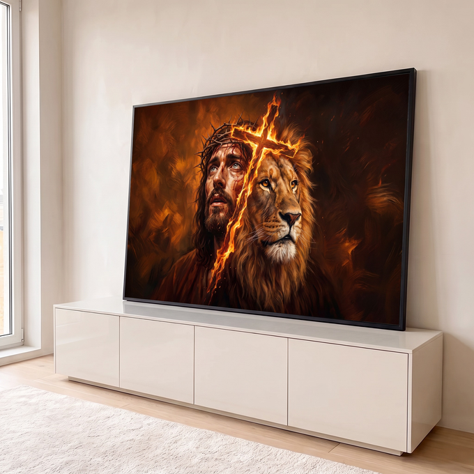 Jesus com coroa de espinhos ao lado do leão de Judá e cruz em chamas em fundo laranja, quadro decorativo