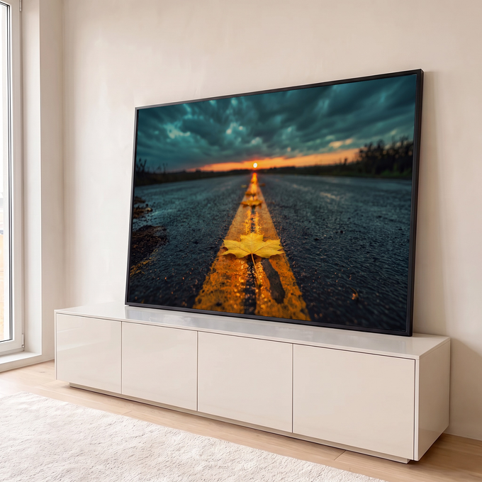Quadro Decorativo Grande Folha Amarela para Sala Amarelo | quadros decorativos para sala | folha amarela com gotas de chuva sobre faixa de estrada ao entardecer | em Quadros para Sala | Porao dos Quadros