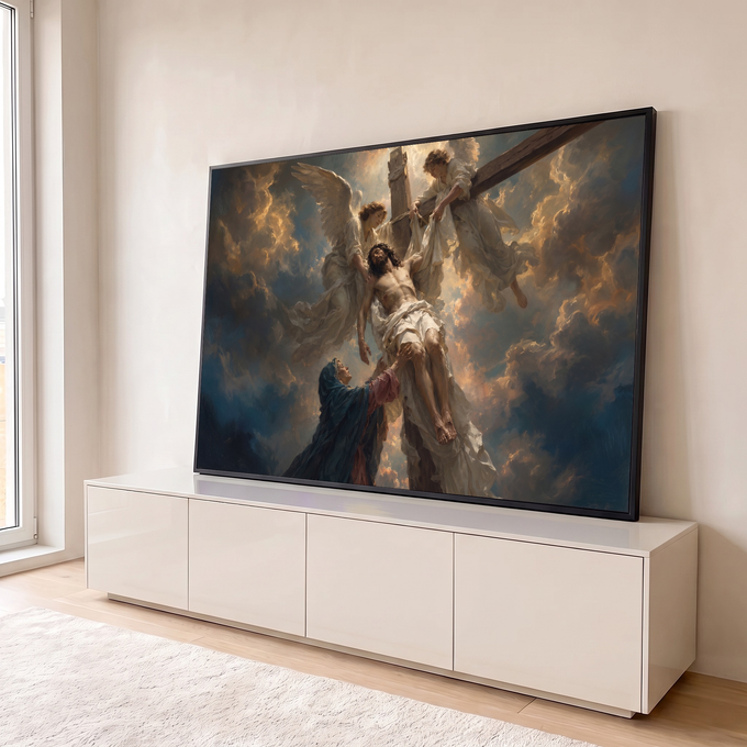 Pintura de Jesus descido da cruz por anjos com Maria aos pés sob céu azul e dourado, quadro decorativo