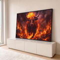 Quadro Decorativo Grande Touro em Chamas para Sala Laranja | quadros decorativos para sala | touro robusto cercado por chamas com coroa neon amarela sobre a cabeça | em Quadros para Sala | Porao dos Quadros
