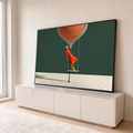 Quadro Decorativo Grande Mulher de Vermelho para Sala | quadros decorativos para sala | mulher de vestido laranja em balanço com balão trançado bege suspenso sobre fundo verde | em Quadros para Sala | Porao dos Quadros