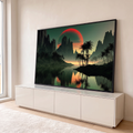 Quadro Decorativo Grande Sol Vermelho para Sala Verde | quadros decorativos para sala | sol vermelho listrado atrás de montanhas escuras com palmeiras e lago refletido em tons verdes | em Quadros para Sala | Porao dos Quadros