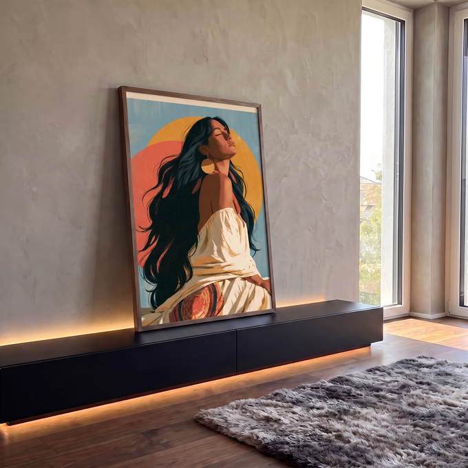 Quadro Decorativo Mulher Indígena com Penas e Sol ao Fundo | quadros decorativos para sala | mulher de cabelo solto e penas vermelhas com brinco dourado sobre sol duplo terracota | em Quadros para Sala | Porao dos Quadros