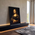 Mona Lisa clássica com véu em folhas de ouro craqueladas sobre fundo preto, quadro decorativo