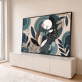Folhagens azul petróleo e bege com círculos concêntricos e lua creme em arte abstrata, quadro decorativo
