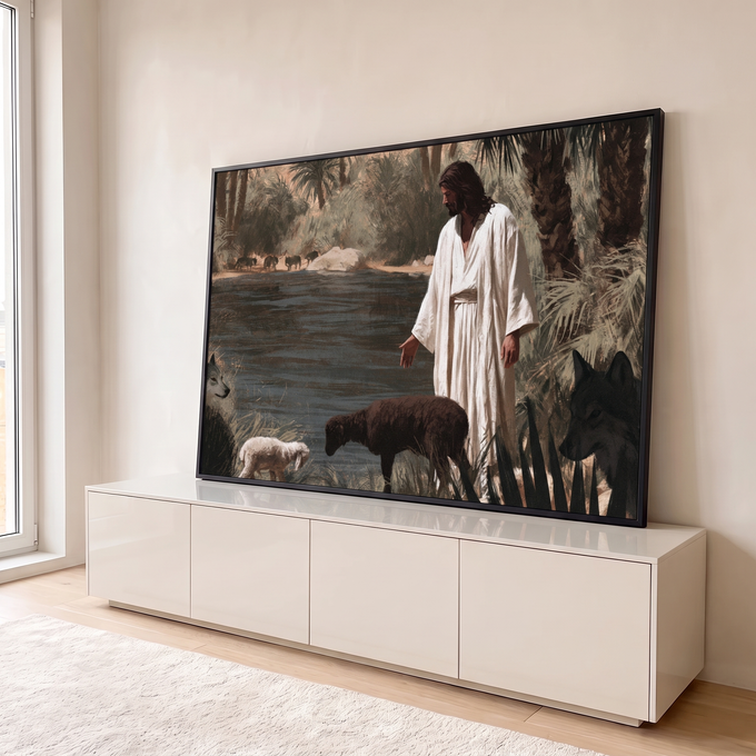 Quadro Decorativo Jesus com Lobos e Ovelhas à Beira do Lago | quadros decorativos para sala | figura de manto branco à beira de lago cercada por lobos e ovelhas entre | em Quadros para Sala | Porao dos Quadros