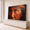 Rosto de ancião indígena com pintura facial tribal vermelha e faixa geométrica na cabeça, quadro decorativo