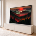 Quadro Decorativo Grande Montanhas ao Pôr do Sol para Sala | quadros decorativos para sala | montanhas nebulosas ao pôr do sol com floresta coberta por linhas digitais vermelhas | em Quadros para Sala | Porao dos Quadros