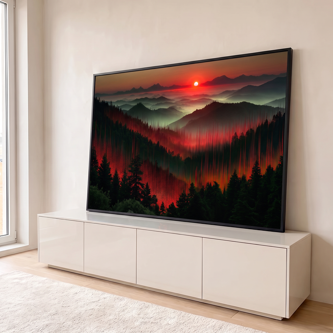 Quadro Decorativo Grande Montanhas ao Pôr do Sol para Sala | quadros decorativos para sala | montanhas nebulosas ao pôr do sol com floresta coberta por linhas digitais vermelhas | em Quadros para Sala | Porao dos Quadros