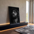 Quadro Decorativo Grande Jesus Espinhos para Sala Preto | quadros decorativos para sala | retrato de Jesus Cristo em preto e branco com coroa de espinhos e olhos fechados | em Quadros para Sala | Porao dos Quadros