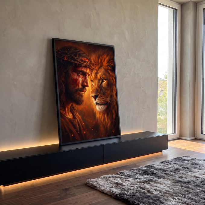 Quadro Decorativo Grande Jesus Cristo Juba Dourada para Sala | quadros decorativos para sala | rosto de Jesus com coroa de espinhos ao lado de um leão dourado em fundo de fogo | em Quadros para Sala | Porao dos Quadros