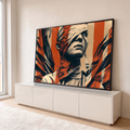 Rosto masculino vendado em meio-tom com faixas vermelhas e tecido esvoaçante, arte urbana quadro decorativo