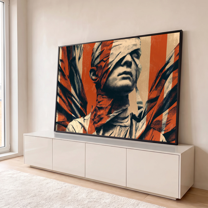 Rosto masculino vendado em meio-tom com faixas vermelhas e tecido esvoaçante, arte urbana quadro decorativo